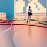 Businesswoman walking in VR city streets