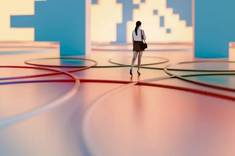 Businesswoman walking in VR city streets